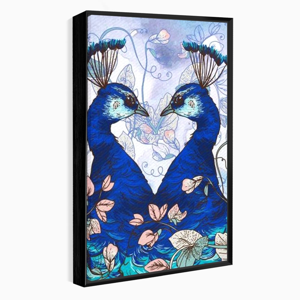 Tablou canvas cu tablou canvas cu doi pauni albastri, in rama de aluminiu negru